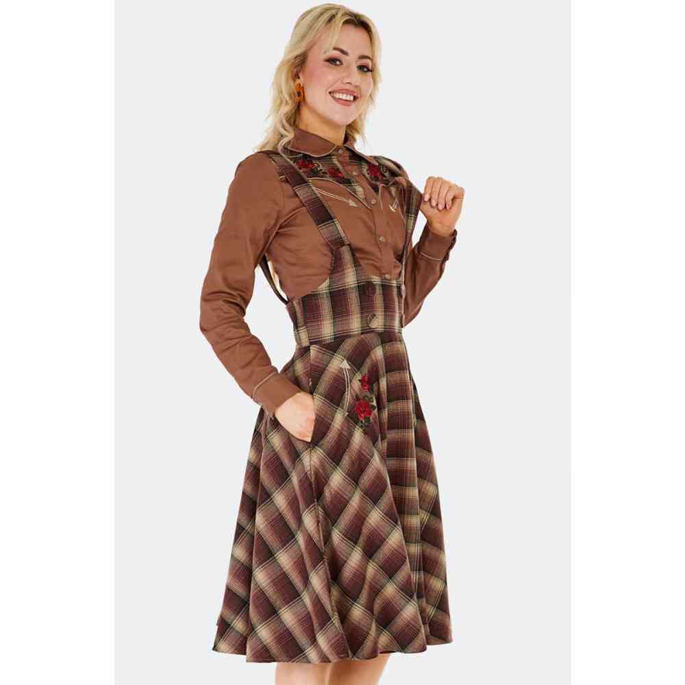 Voodoo Vixen - Western Embroidered Plaid Flare Jupe - Marron